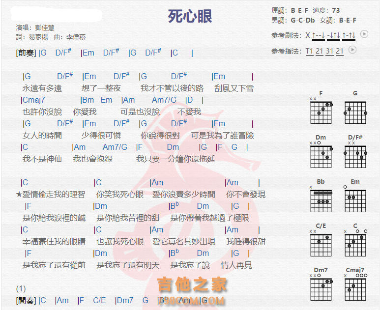 死心眼吉他谱彭佳慧吉他图片谱2张