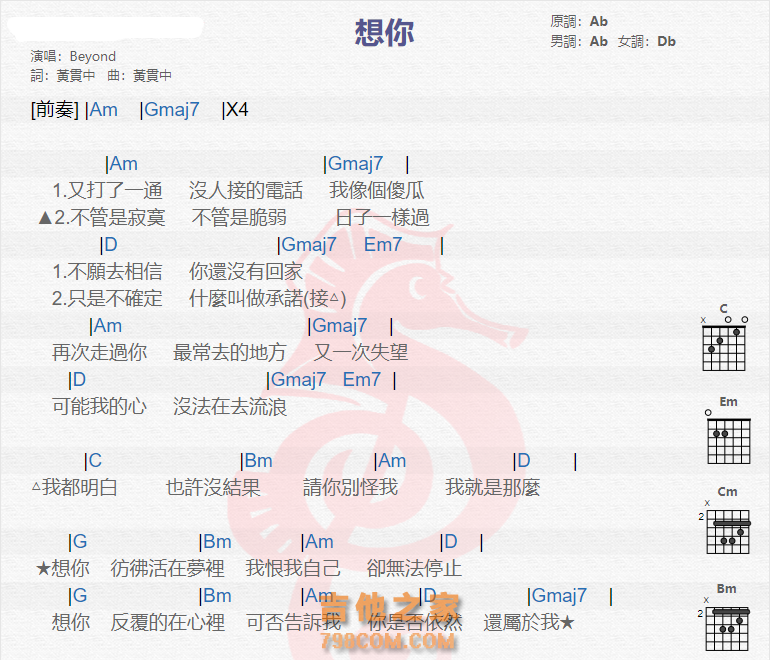 想你吉他谱beyond吉他图片谱2张