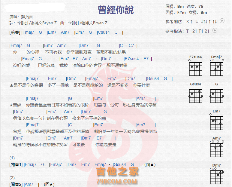 曾经你说吉他谱赵乃吉吉他图片谱2张