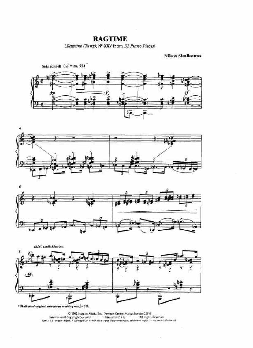 Skalkottas Nikolaos,32 pieces for piano no XXV Ragtime钢琴谱