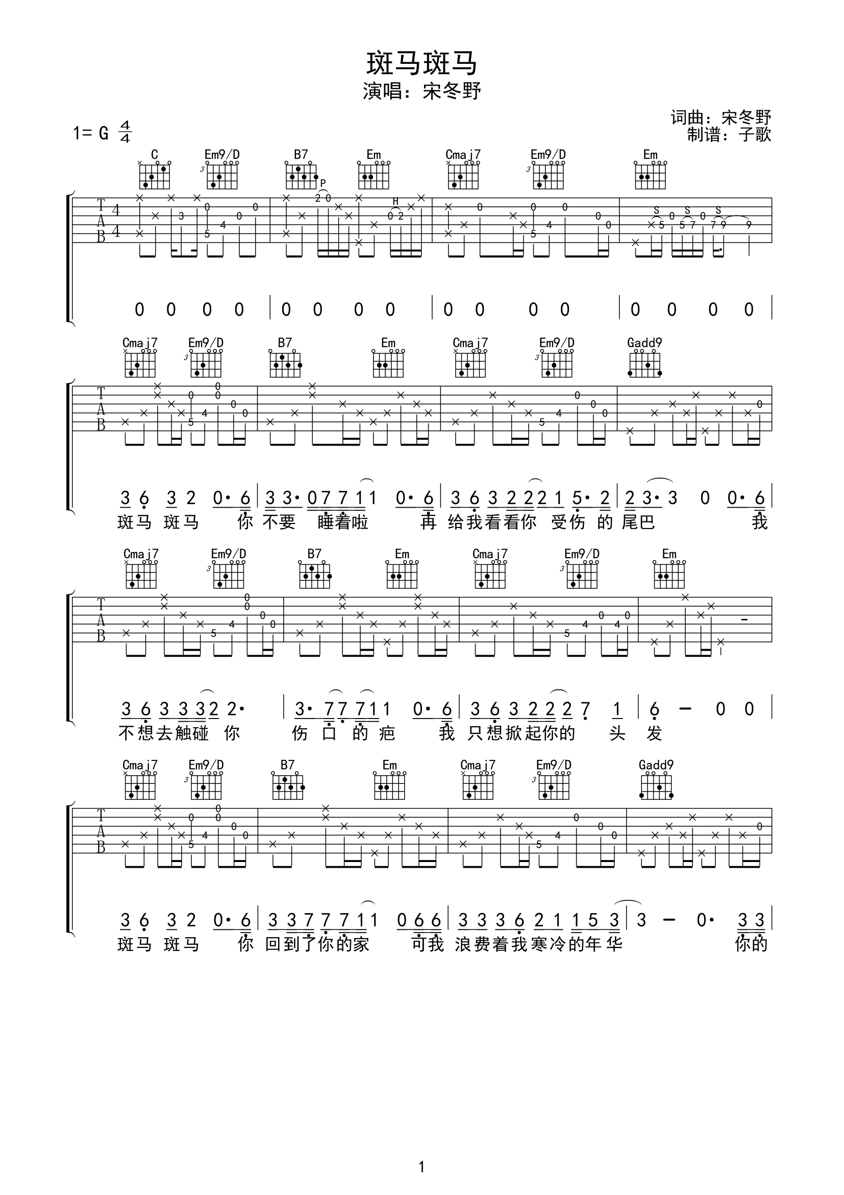 《斑马斑马吉他谱》_宋冬野_G调_吉他图片谱4张 图1