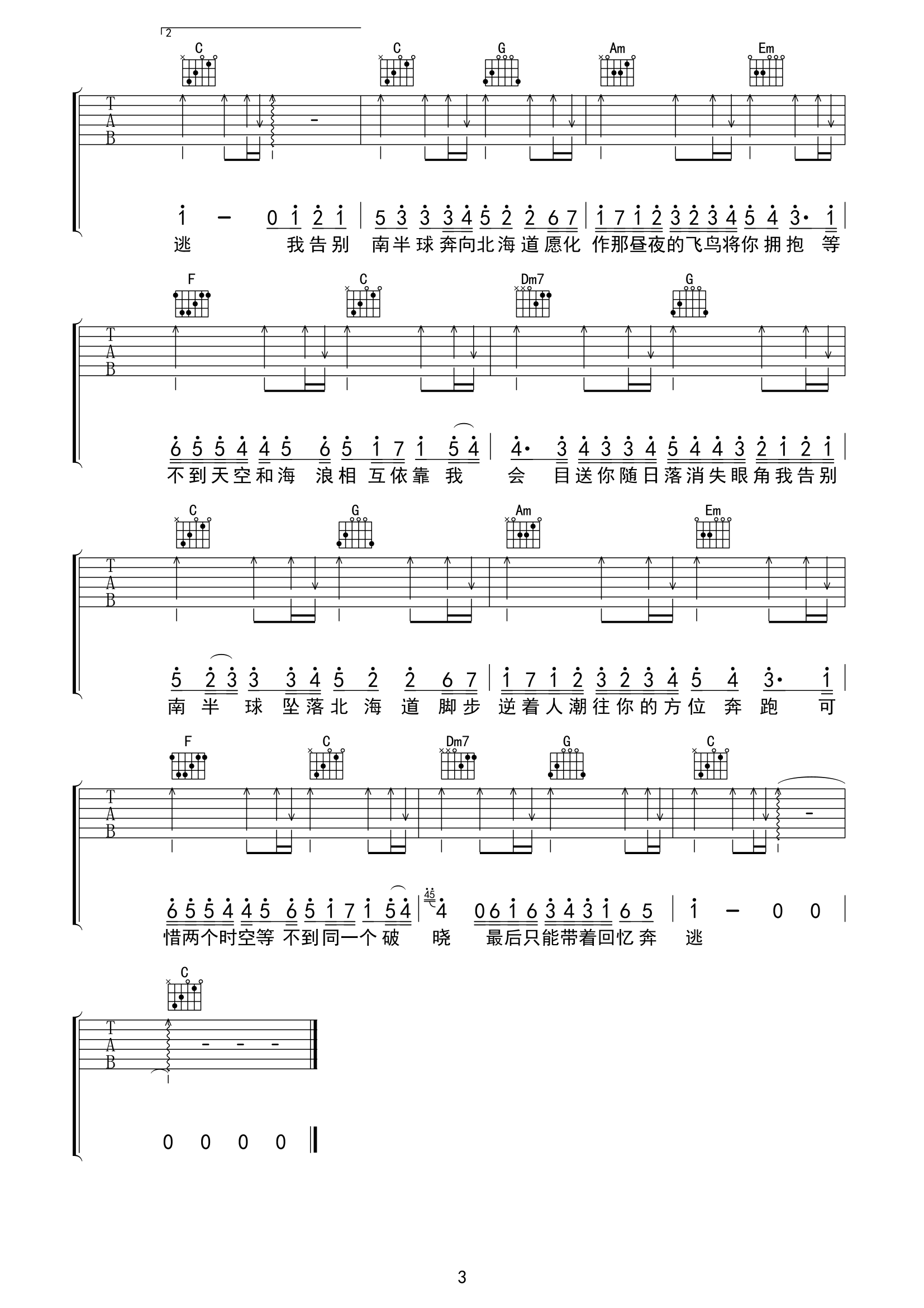 《南半球与北海道吉他谱》_范倪Liu_C调_吉他图片谱3张 图3