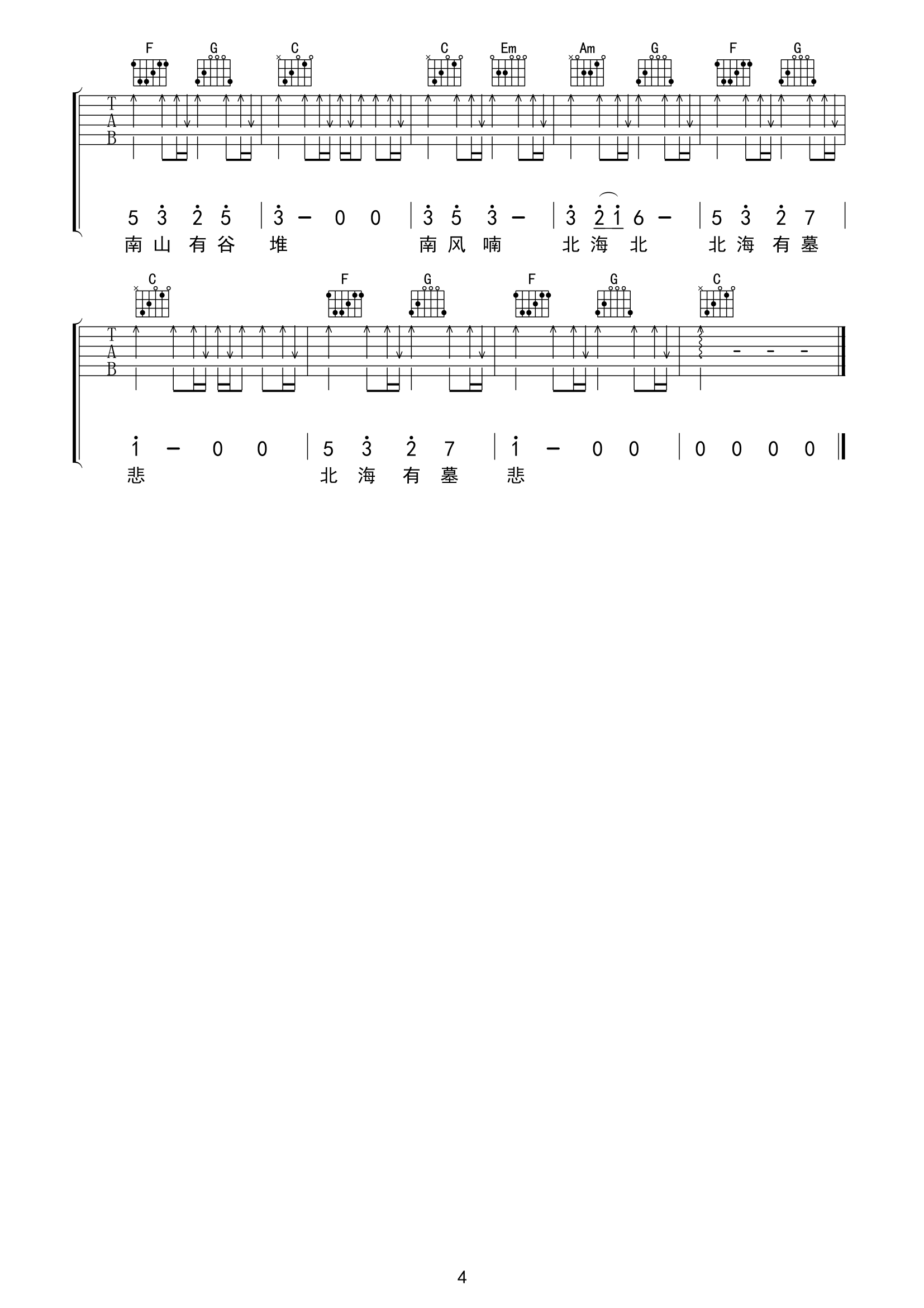 《南山南》吉他谱六线谱C调完整版_张磊_六线谱网