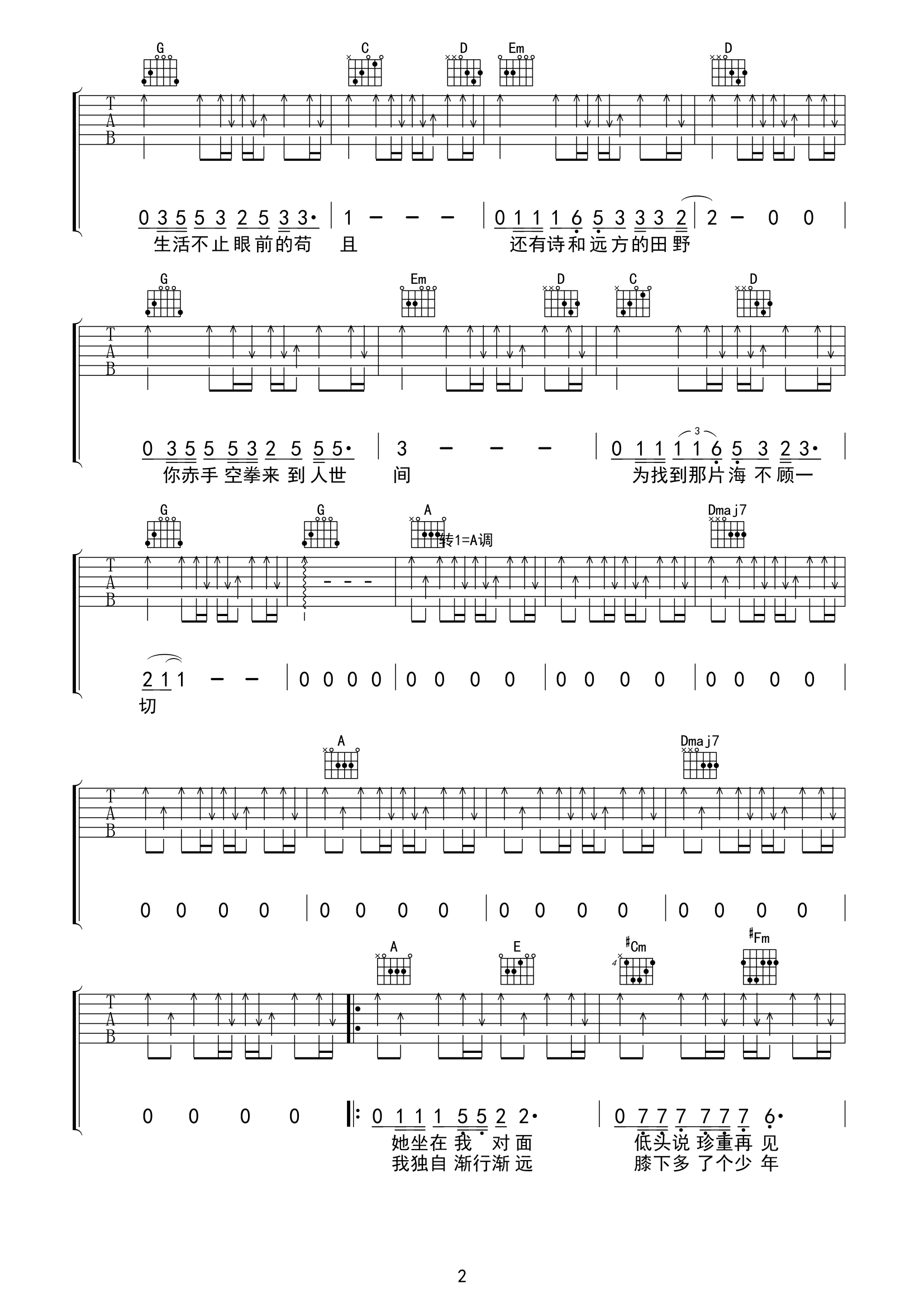 《生活不止眼前的苟且吉他谱》_许巍_G调_吉他图片谱3张 图2