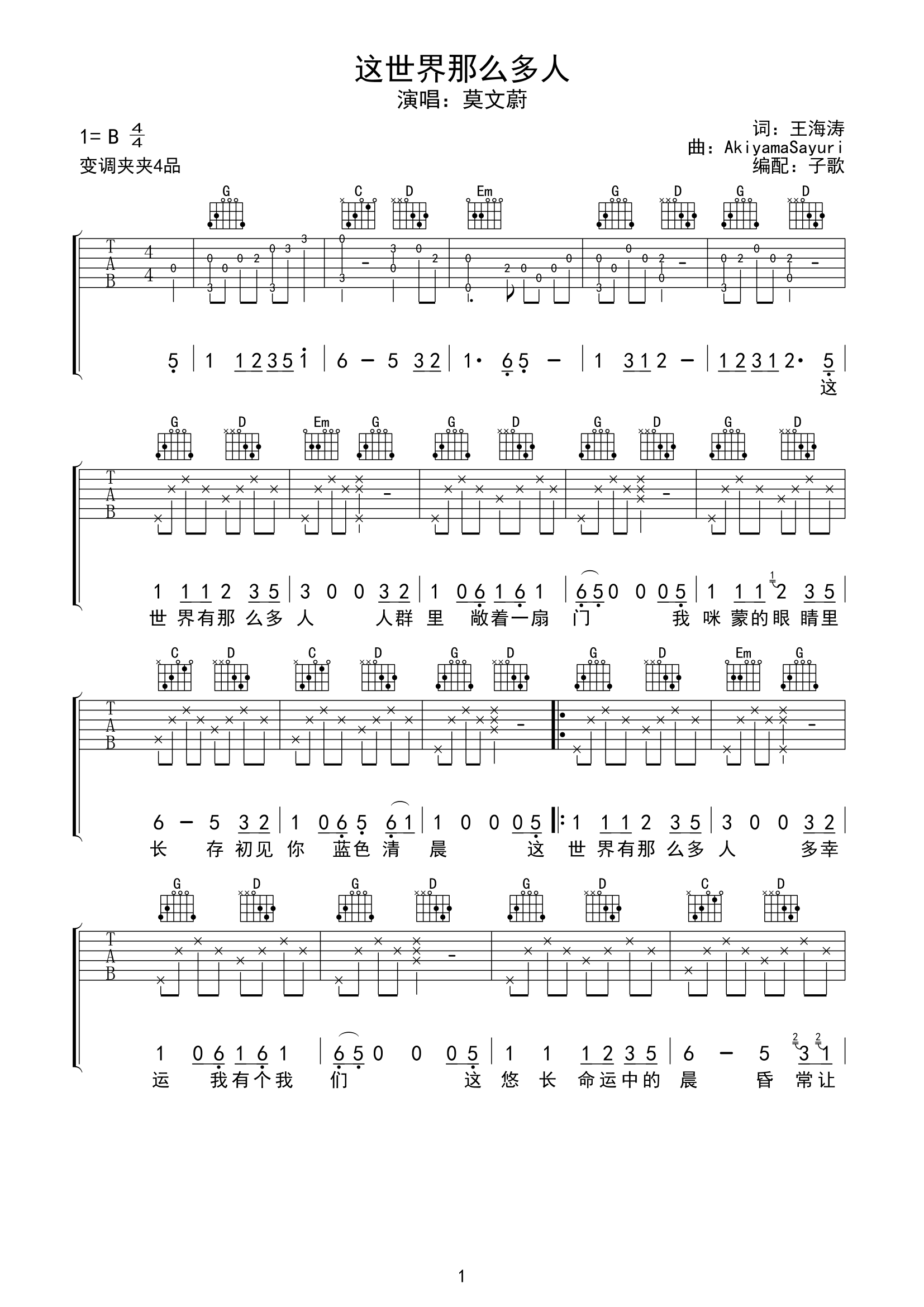 《这世界那么多人吉他谱》_莫文蔚_B调_吉他图片谱3张 图1