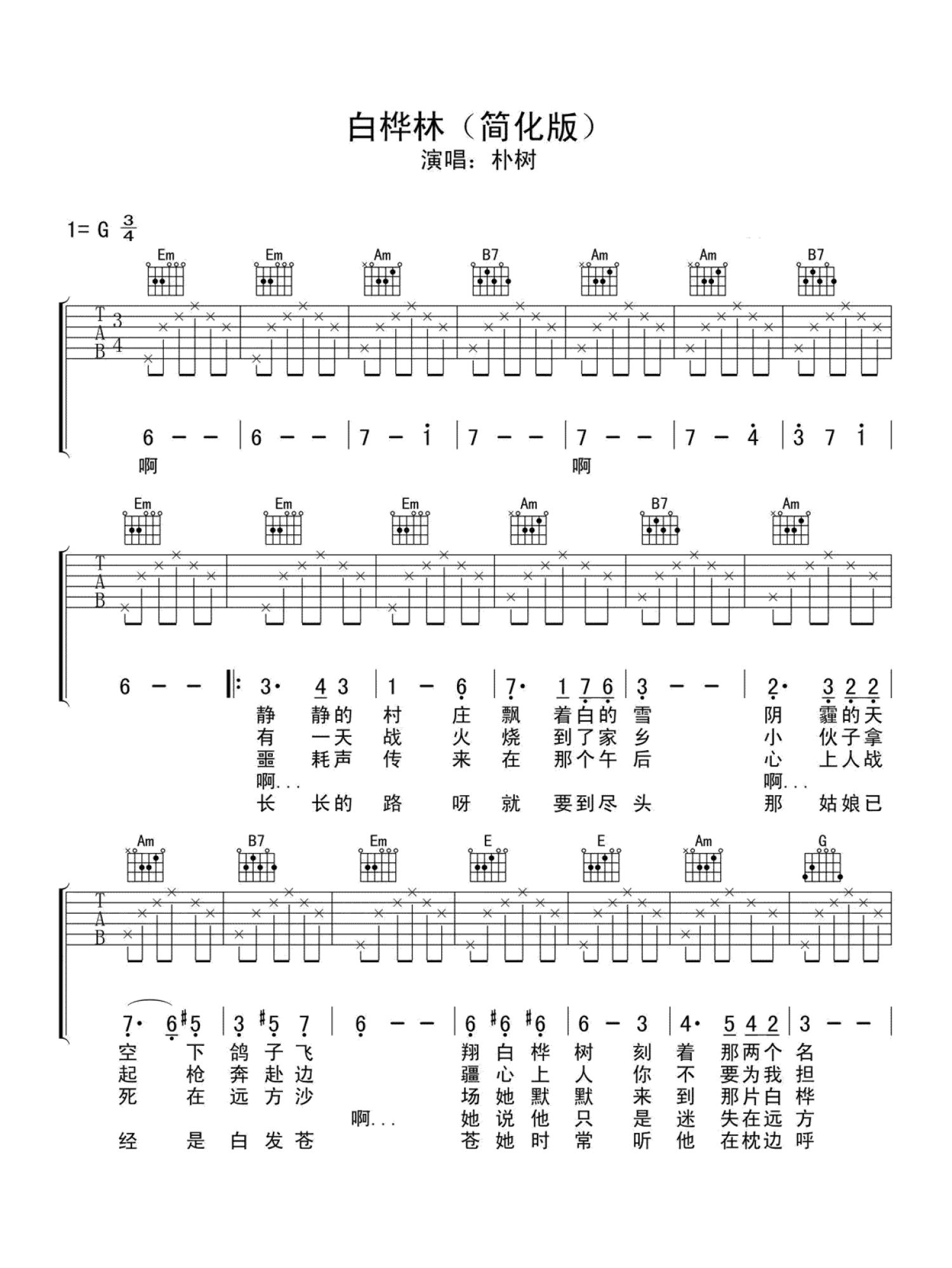 《白桦林吉他谱》_朴树_简化版_G调_吉他图片谱3张 图1