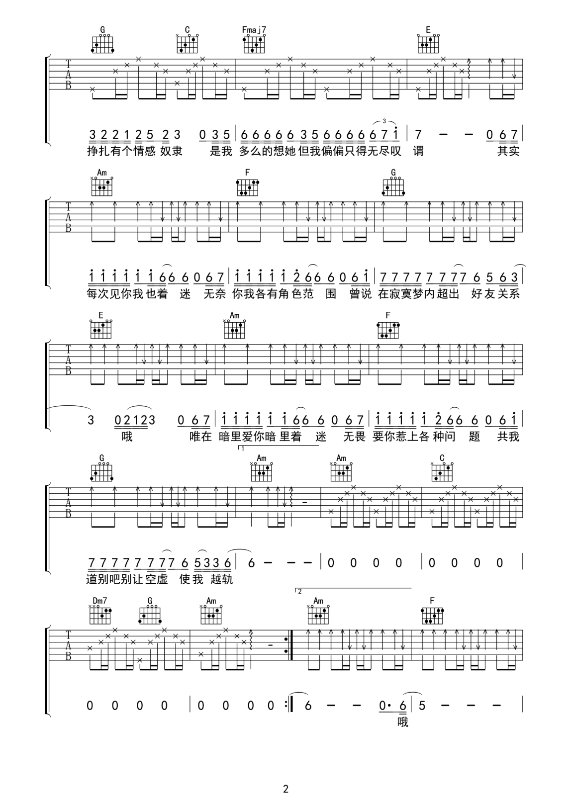 《暗里着迷吉他谱》_刘德华_C调_吉他图片谱3张 图2