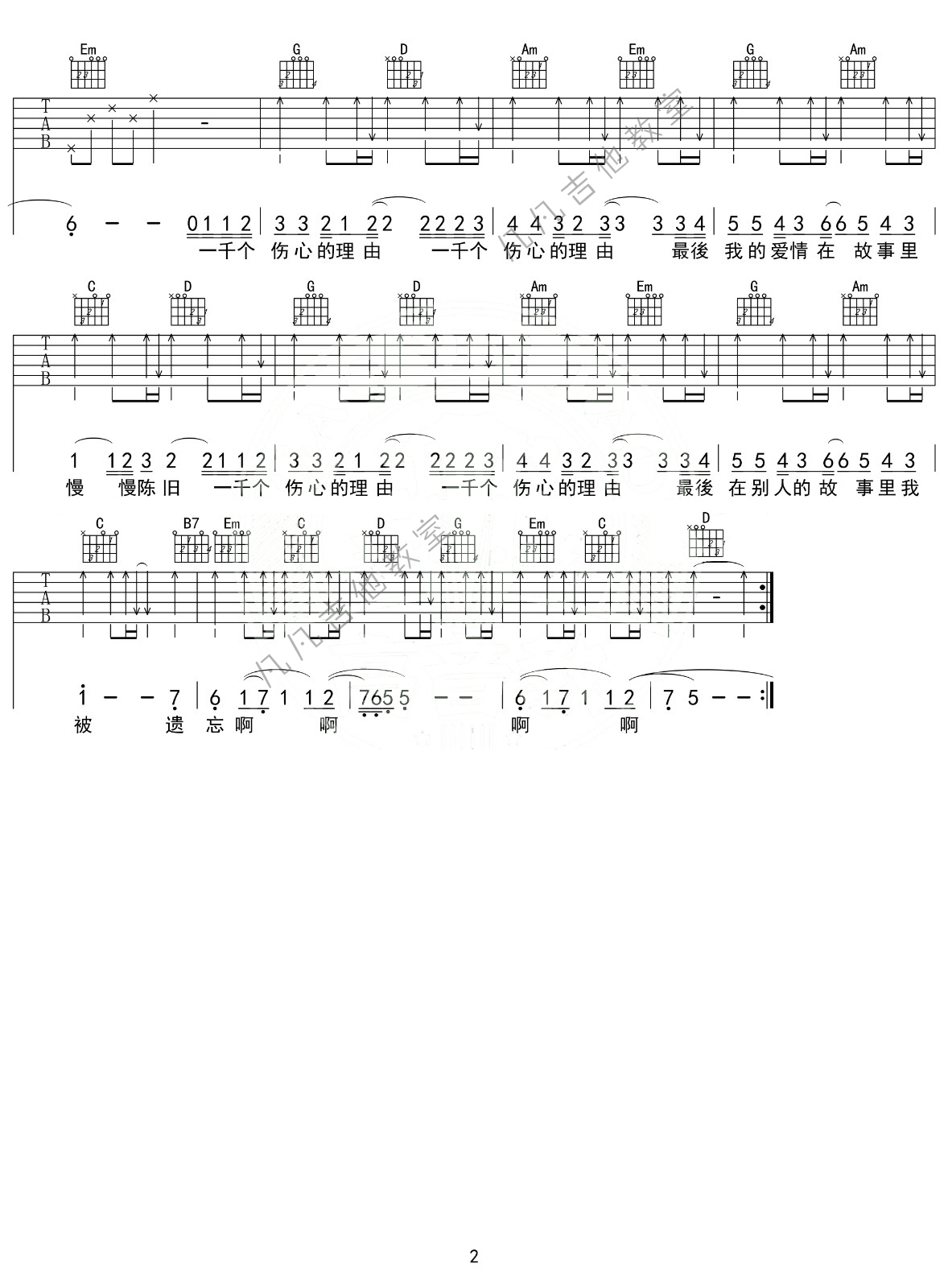 《一千个伤心的理由吉他谱》_张学友_G调_吉他图片谱2张 图2