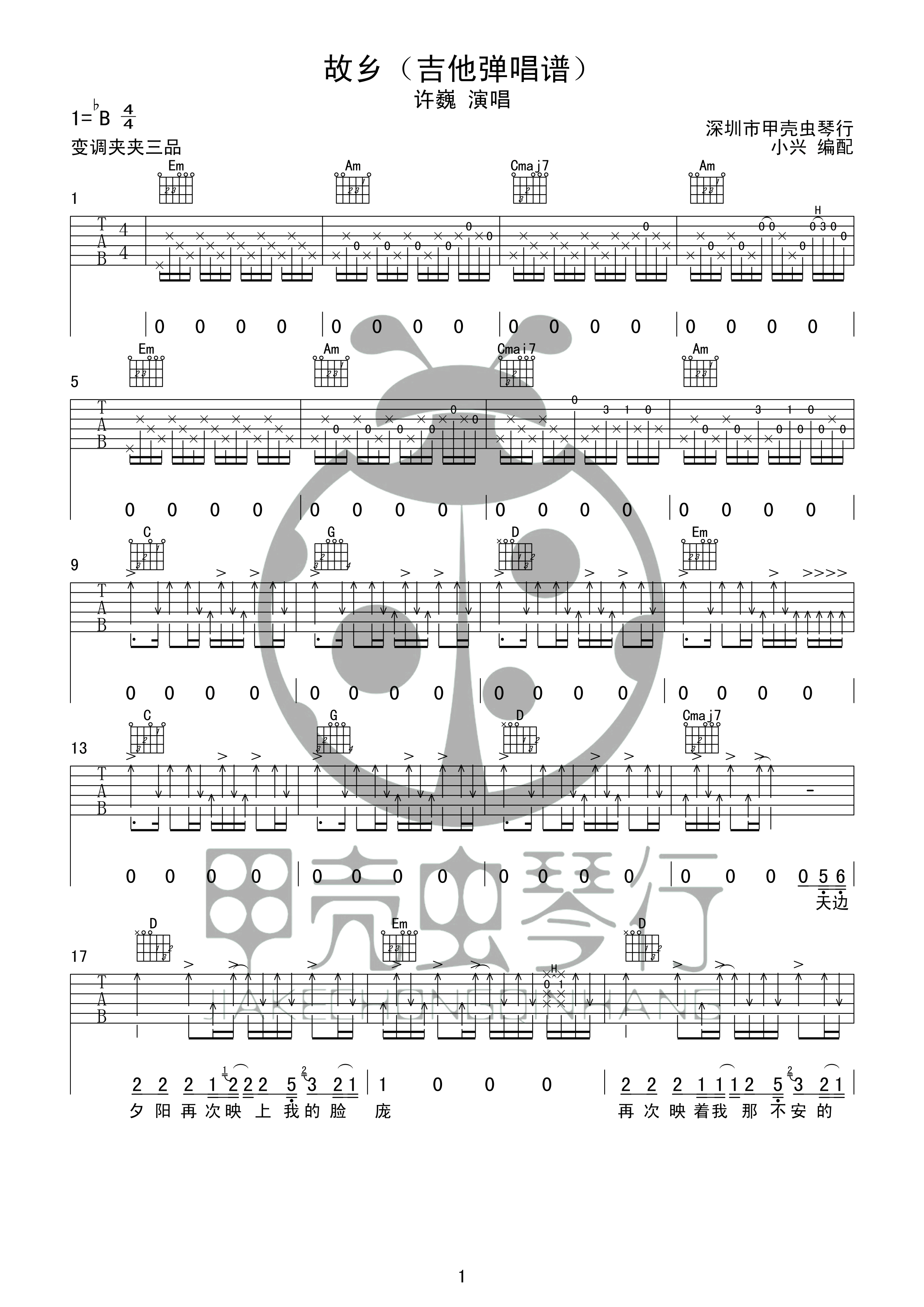 《故乡吉他谱》_许巍_G调_吉他图片谱5张 图1