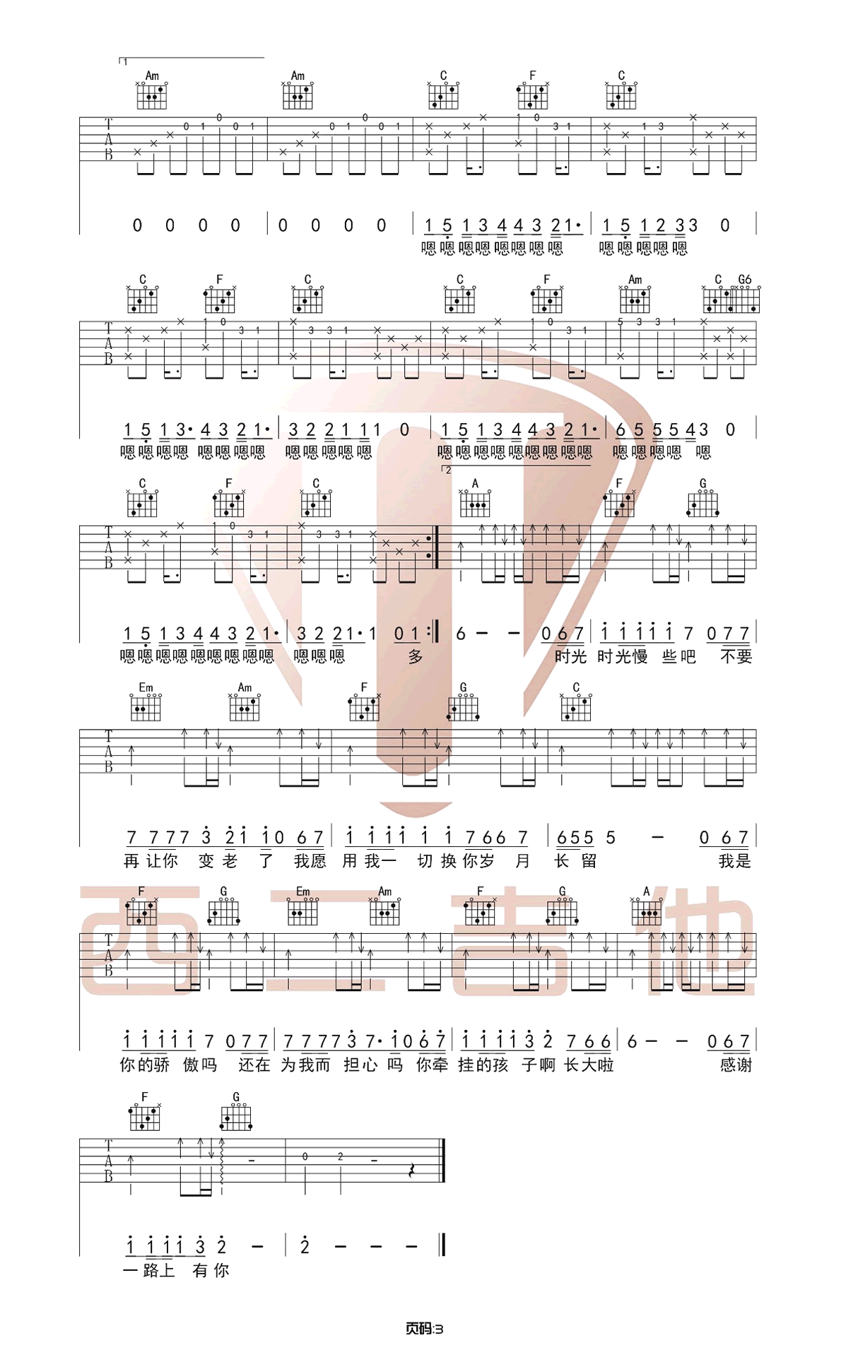 父亲吉他谱,原版筷子兄弟歌曲,简单C调指弹视频教学,附高清六线乐谱 - 吉他谱 - 中国曲谱网