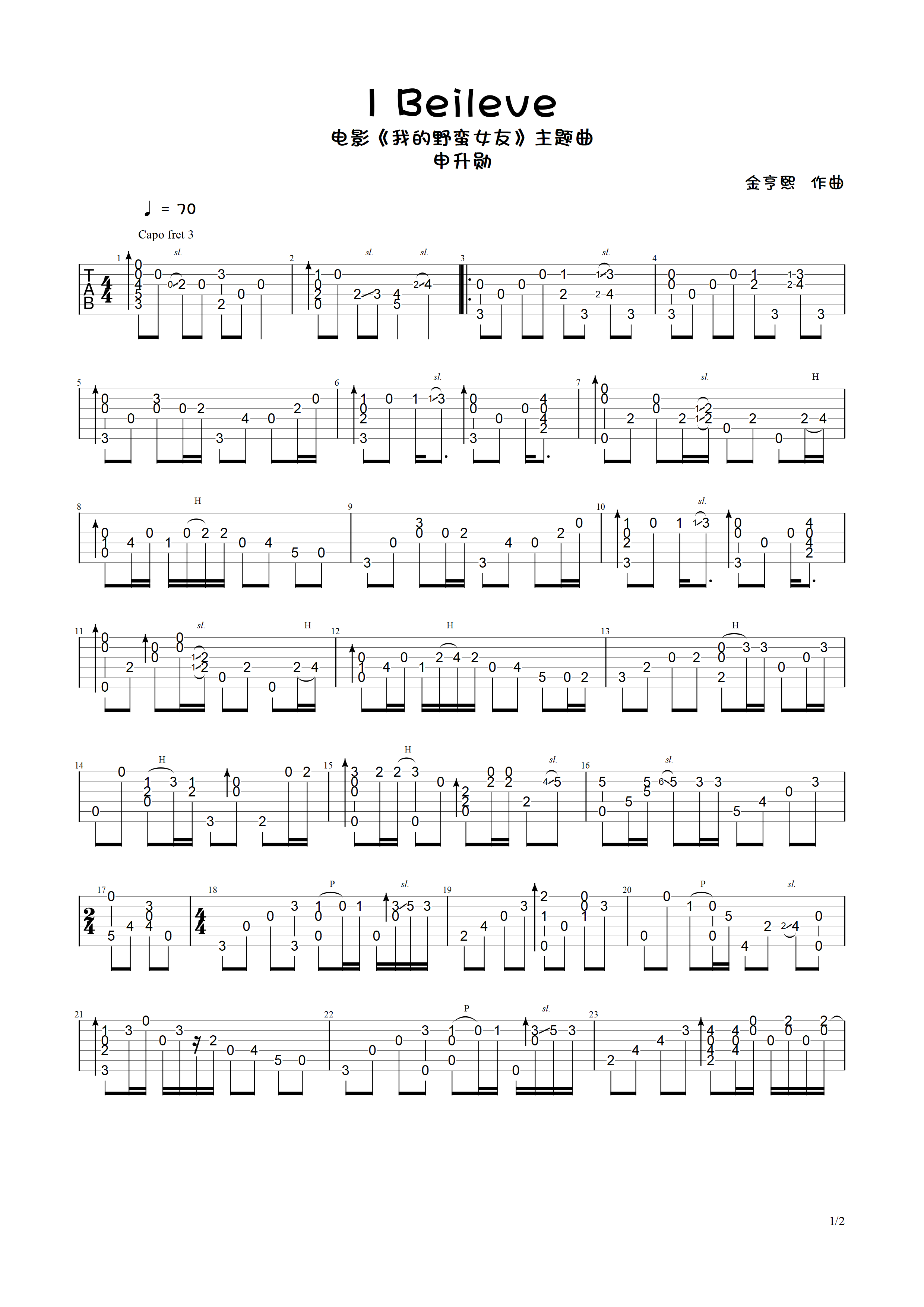 《I Believe吉他谱》_申升勋_C调_吉他图片谱2张 图1