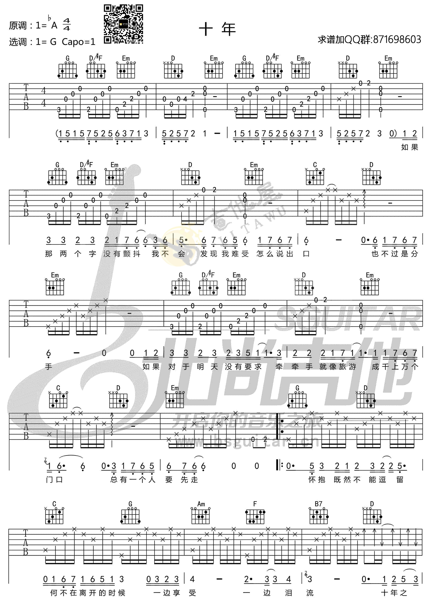 《十年吉他谱》_陈奕迅_G调_吉他图片谱2张 图1