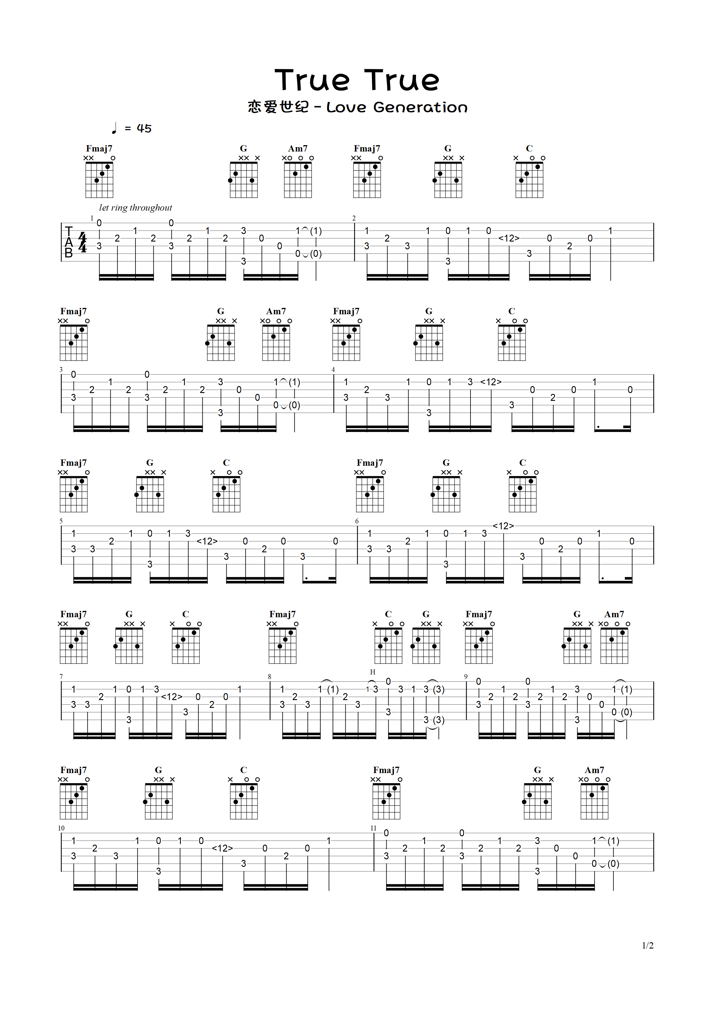 True Colours sheet music for guitar (chords) (PDF)
