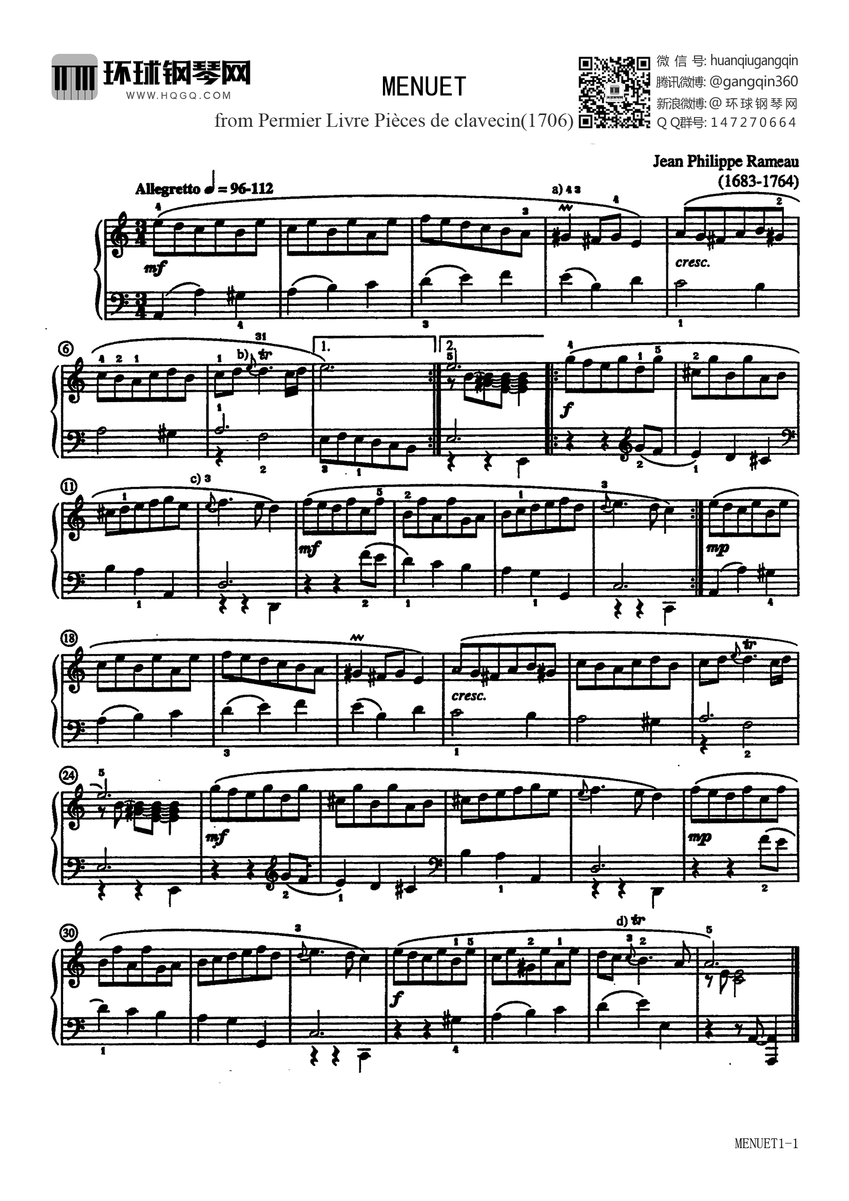 MENUET(from Premier Livre pièces de clavecin 1706)钢琴谱