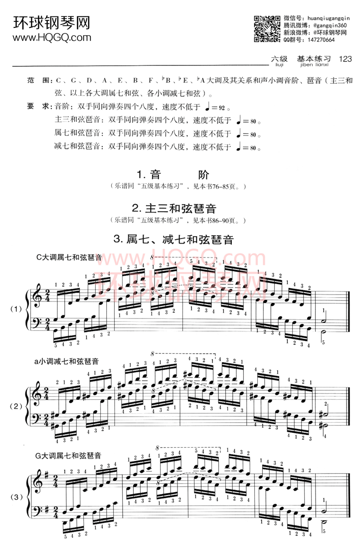 A1 音阶，主三和弦琶音，属七、减七和弦琶音钢琴谱