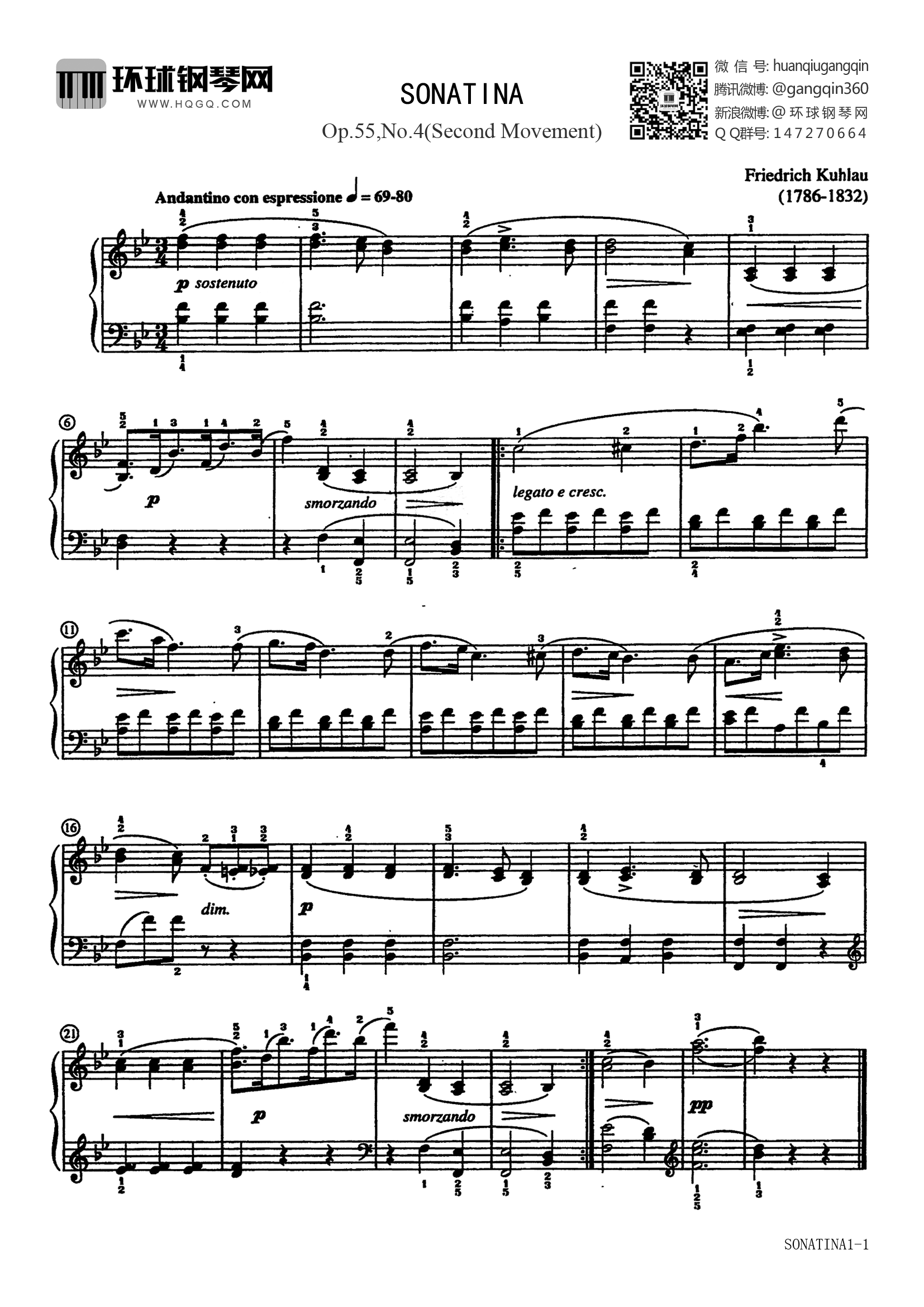 SONATINA(Op.55,No.4 Second Movement)钢琴谱