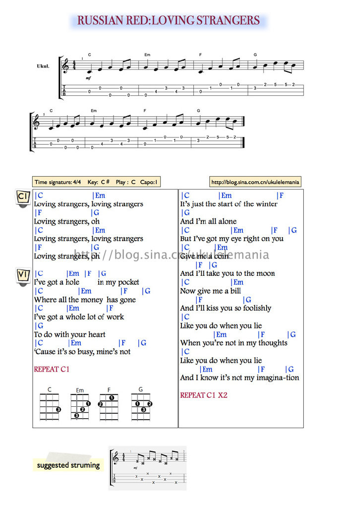 《Loving Strangers|尤克里里ukulele谱（Russian Red）》尤克里里谱