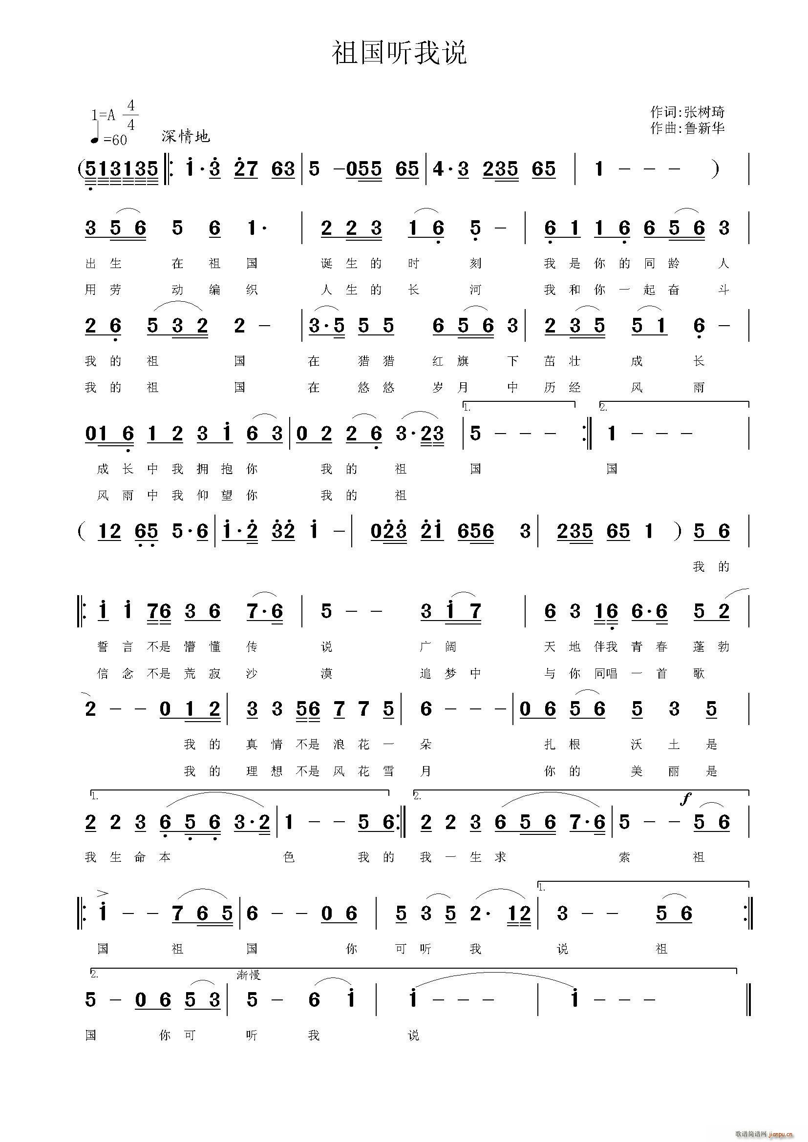 张树琦 《祖国听我说》简谱