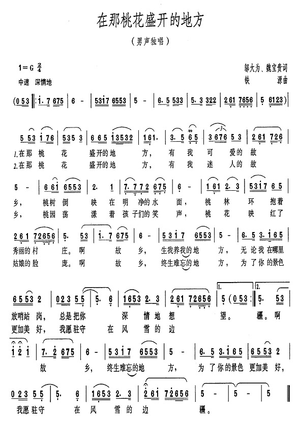 男声 《在那桃花盛开的地方（简谱）》简谱