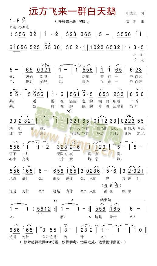 未知 《远方飞来一群白天鹅》简谱