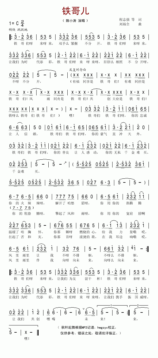 陈小涛 《铁哥们》简谱