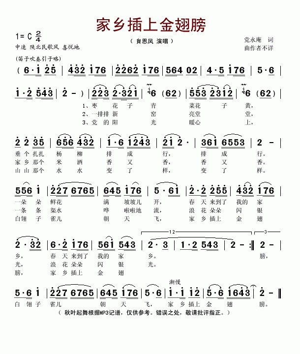 貟恩凤 《家乡插上金翅膀》简谱