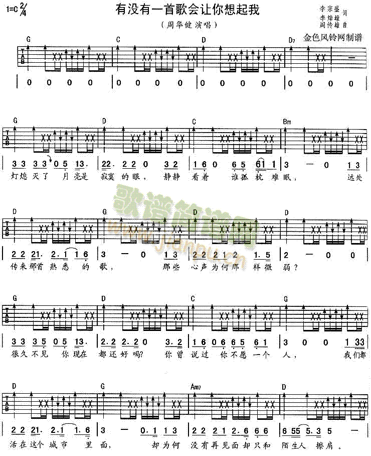 未知 《有没有一首歌会让你想起我》简谱