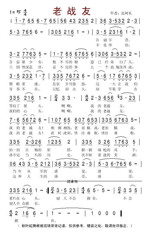 未知 《老战友》简谱