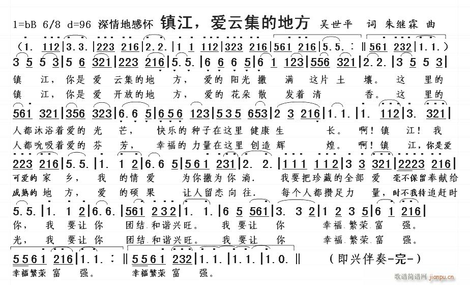 朱继霖 吴世平 《【镇江，爱云集的地方】 吴世平 词 朱继霖 曲》简谱