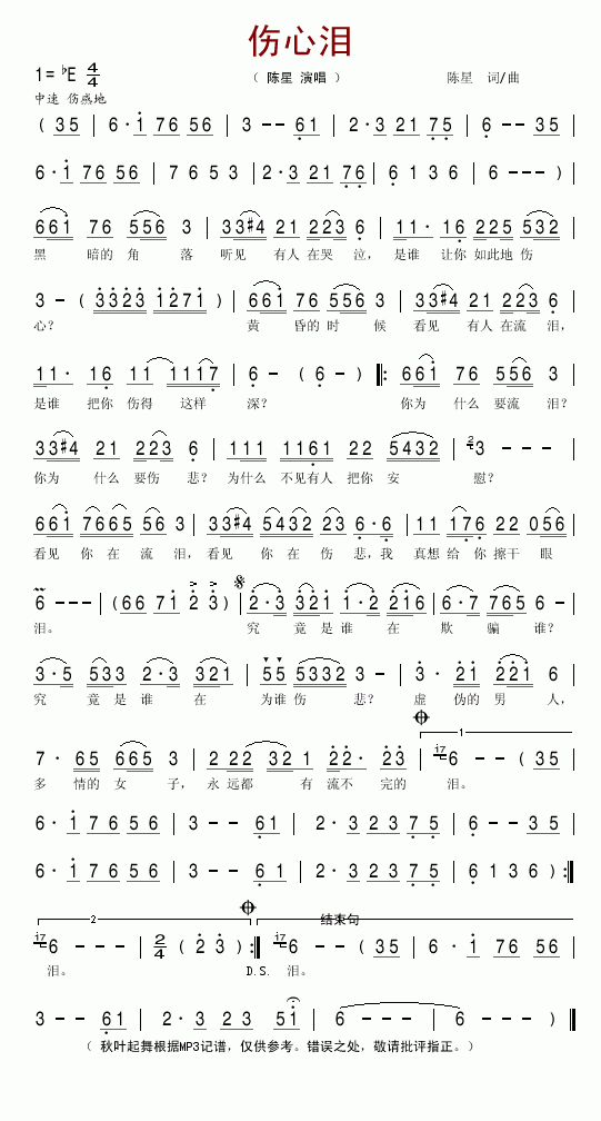 陈星 《伤心泪》简谱