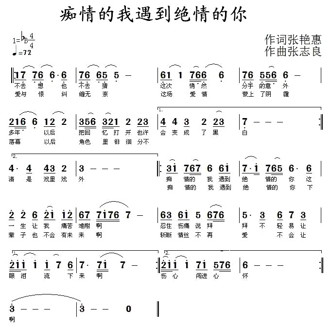 未知 《痴情的我遇到绝情的你》简谱