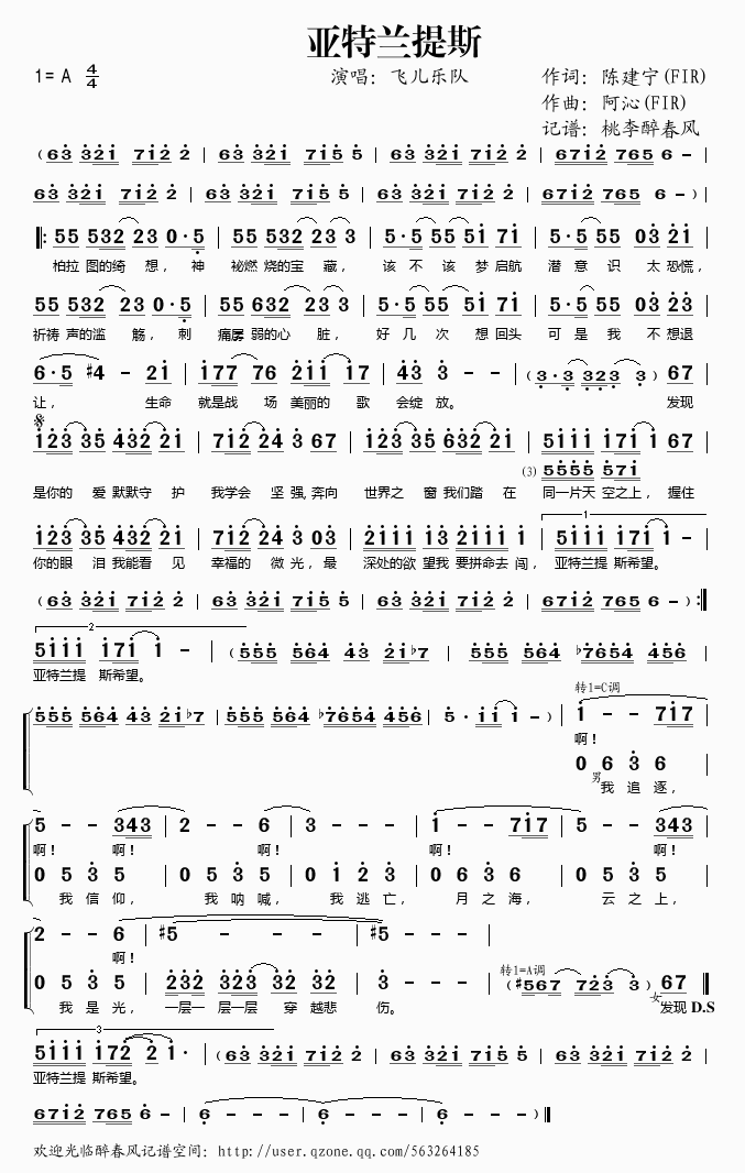 飞儿乐队 《亚特兰提斯》简谱