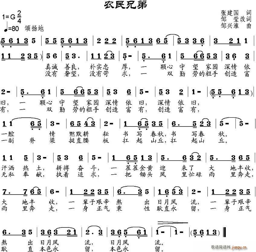 邹兴淮 张建国 《农民兄弟（张建国词、邹莹改词 邹兴淮曲）》简谱