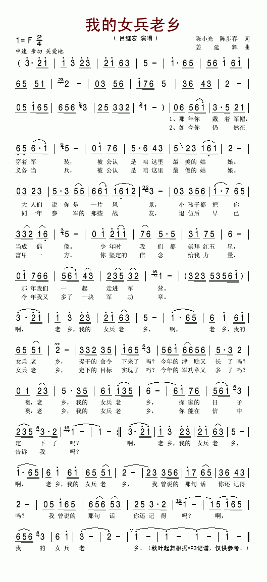 吕继宏 《我的女兵老乡》简谱