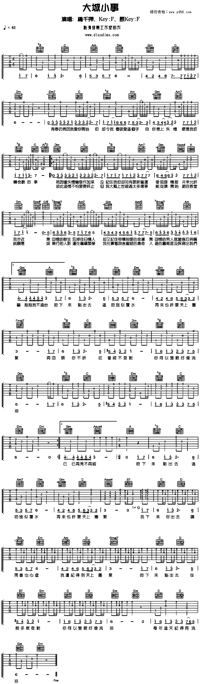 杨千桦 《大城小事》简谱