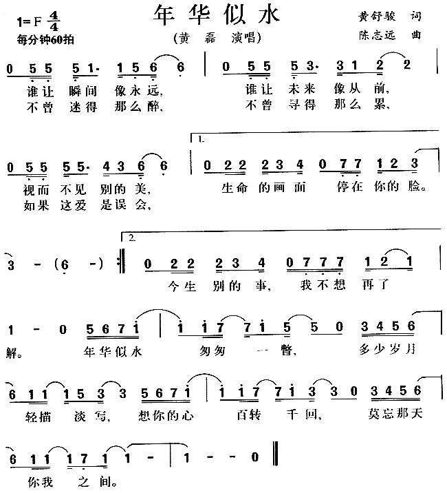 未知 《年华似水(同名电视剧主题歌)》简谱