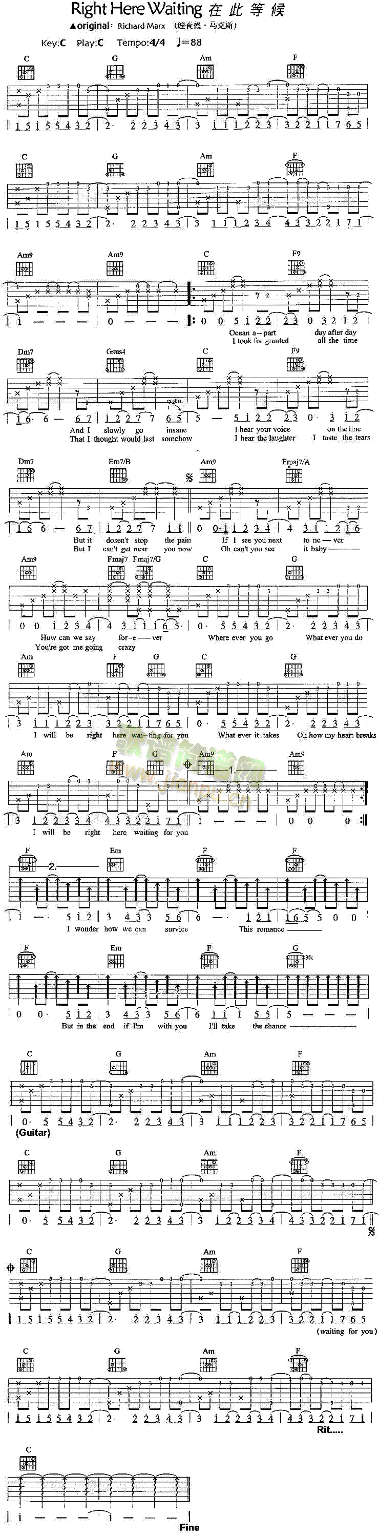 未知 《Right Here Waiting 在此等候》简谱