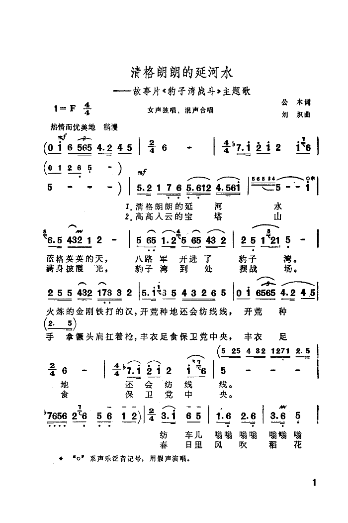 王昆 《清格朗朗的延河水》简谱