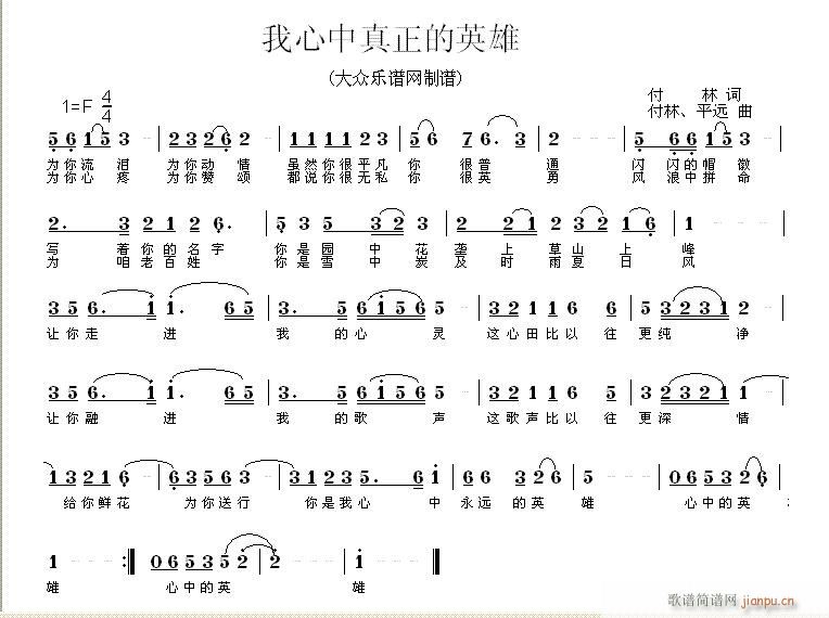 未知 《我心中真正的英雄》简谱