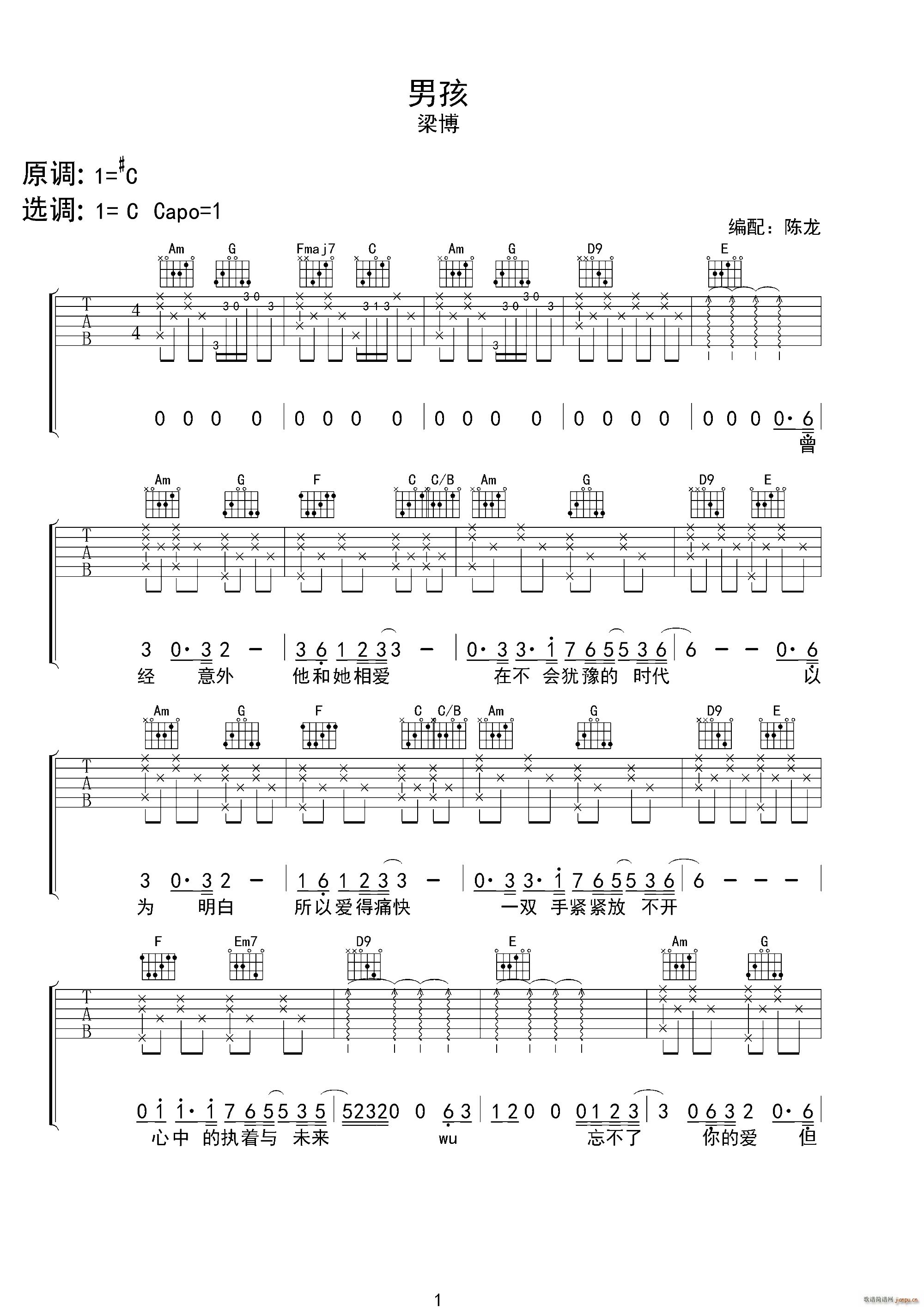 未知 《男孩（陈龙编配版）》简谱