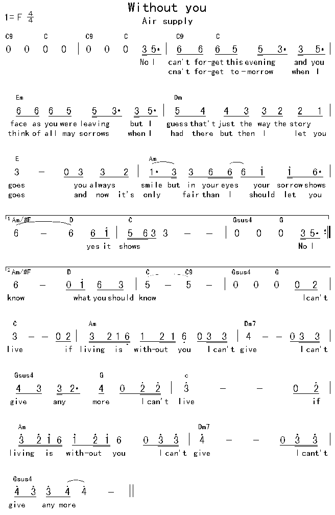 未知 《Without You》简谱