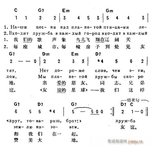 未知 《友谊(俄汉双语)2》简谱