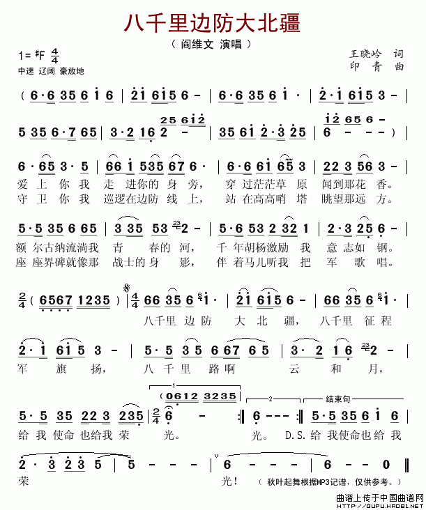 未知 《八千里边防大北疆（内蒙古军区军歌）》简谱