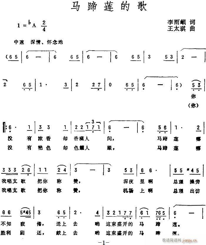 未知 《马蹄莲的歌》简谱