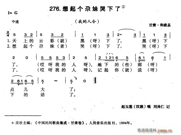 未知 《想起个尕妹苦下了》简谱