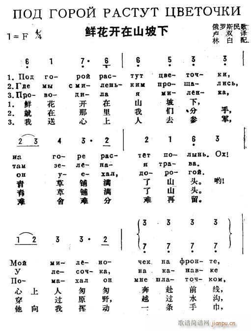 未知 《鲜花开在山坡下(俄汉双语)1》简谱