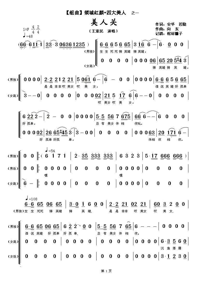 王亚民 《【组曲】倾城红颜·四大美人 之一 美人关》简谱