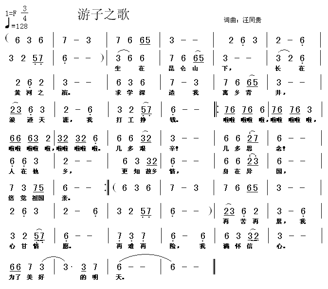 未知 《游子之歌  词曲：汪同贵》简谱