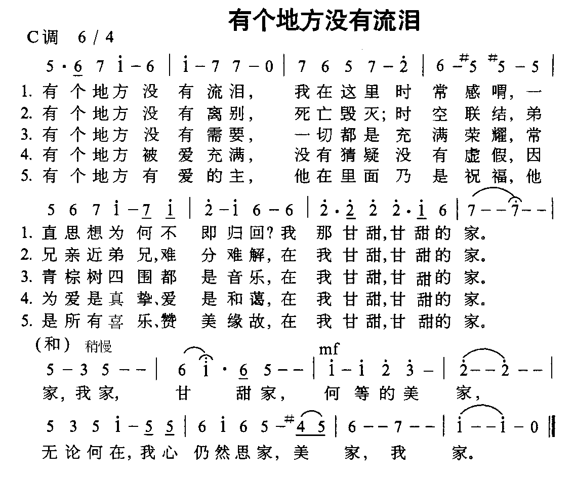 未知 《有个地方没有眼泪》简谱