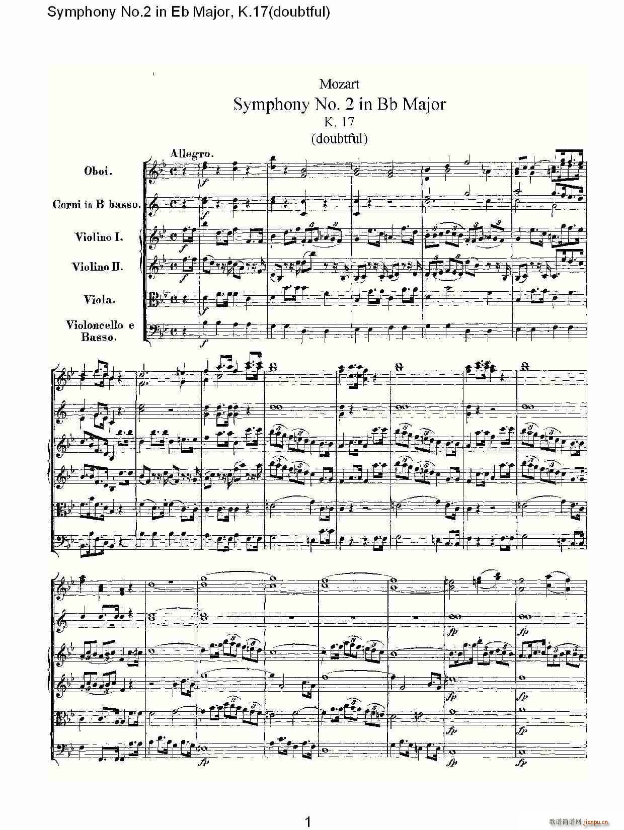 朴素传幽真 《Symphony No.2 in Bb Major（doubtful))，K.1）》简谱